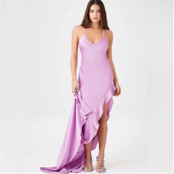 Lavender Satin Flounce-Hem Maxi Dress size XS NEW wedding guest dress - Picture 2 of 10